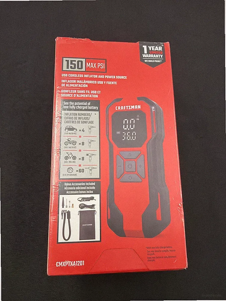 CRAFTSMAN Red Cordless Mini Tire Inflator Air Compressor 150 PSI, 6000mAh, 12V