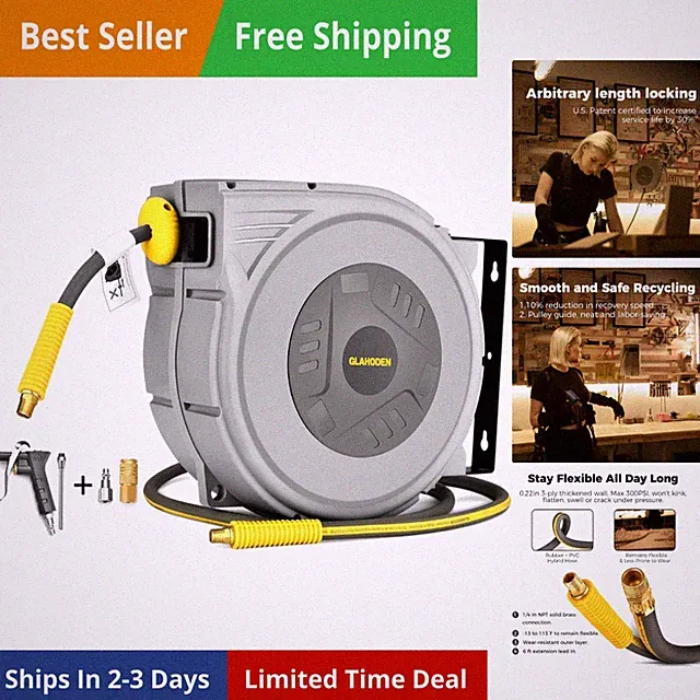 Enclosed Retractable Air Hose Reel, 3/8 in x 80 Ft Hybrid Hose Air Compressor...