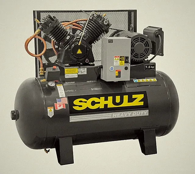 SCHULZ HEAVY DUTY AIR COMPRESSOR - 7.5 HP , 3 PHASE, 80 GALLON TANK, 175 PSI